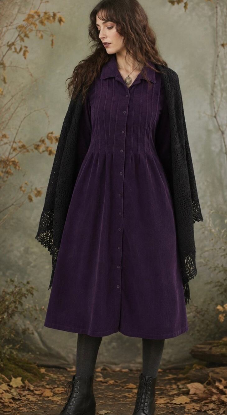 The Paragon Purple Corduroy Pintuck Button Front Midi Dress whimsigoth fall L